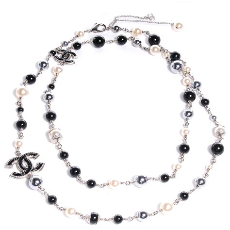 chanel black beaded cc logo necklace|CHANEL Resin Pearl Bead CC Logo Necklace Silver Black White .